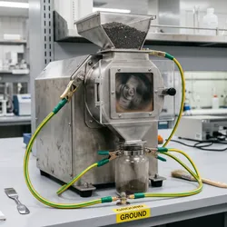 A close-up, eye-level laboratory scene showing a stainless-steel bench-top hammer mill in operation on a clean lab workbench.