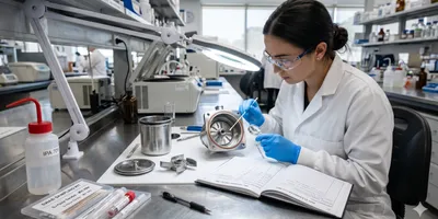 A clean laboratory bench showing a disassembled rotor mill with grinding chamber, collection vessel, and rotor blade arranged for cleaning inspection.