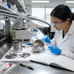 A clean laboratory bench showing a disassembled rotor mill with grinding chamber, collection vessel, and rotor blade arranged for cleaning inspection.