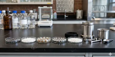A laboratory workbench showing a systematic arrangement of five different grinding media types — tungsten carbide, zirconia, agate, stainless steel, and alumina balls — each in a separate labeled petri dish or vial, alongside a disassembled planetary mill jar and collection vessel.
