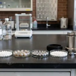 A laboratory workbench showing a systematic arrangement of five different grinding media types — tungsten carbide, zirconia, agate, stainless steel, and alumina balls — each in a separate labeled petri dish or vial, alongside a disassembled planetary mill jar and collection vessel.