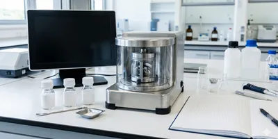 A pharmaceutical laboratory workbench showing a small planetary ball mill or cryogenic mill alongside labeled vials of micronized API powder, a laser diffraction particle size analyzer display showing a bimodal size distribution curve, and a notebook with dissolution data graphs.