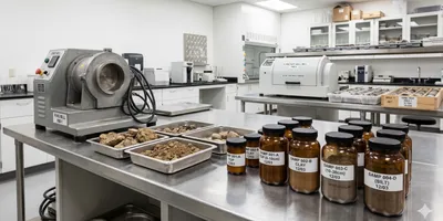 A clean, professional environmental laboratory setting featuring a ring mill and open soil sample containers on a stainless-steel bench. 