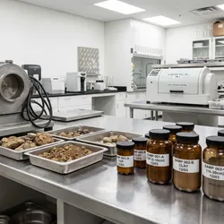 A clean, professional environmental laboratory setting featuring a ring mill and open soil sample containers on a stainless-steel bench. 
