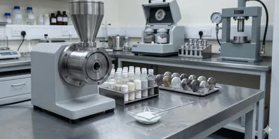 A materials science laboratory setting showing a tungsten carbide ring mill on a stainless-steel bench alongside ceramic powder samples in labeled glass vials and polished alloy discs awaiting preparation.
