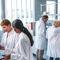 Team of five researchers conducting various tasks within the lab, with laboratory ventilation equipment seen on the ceiling.