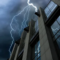 Lightning striking a building creating a power outage or blackout