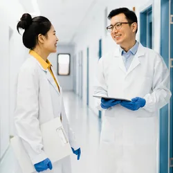 Two lab professionals discuss quality and operations in a laboratory corridor.