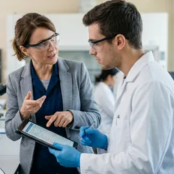 A laboratory manager discusses a digital task checklist on a tablet with a scientist.