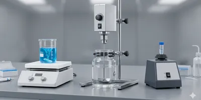 A clean professional laboratory workbench photographed from a slightly elevated angle, showing three lab stirring and mixing instruments side by side: a white magnetic stirrer-hotplate with a clear beaker containing blue liquid and a visible stir bar, a silver overhead mechanical stirrer with a stainless-steel impeller shaft descending into a larger glass vessel, and a compact vortex mixer with a microcentrifuge tube in the contact cup.