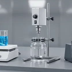 A clean professional laboratory workbench photographed from a slightly elevated angle, showing three lab stirring and mixing instruments side by side: a white magnetic stirrer-hotplate with a clear beaker containing blue liquid and a visible stir bar, a silver overhead mechanical stirrer with a stainless-steel impeller shaft descending into a larger glass vessel, and a compact vortex mixer with a microcentrifuge tube in the contact cup.
