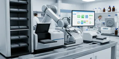 An automated robotic arm in a high-throughput laboratory transferring a microplate from a vertical storage hotel.