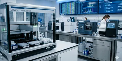 Next-generation forensic science laboratory featuring automated robotic liquid handling and advanced DNA sequencing instruments for evidence processing.