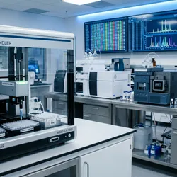 Next-generation forensic science laboratory featuring automated robotic liquid handling and advanced DNA sequencing instruments for evidence processing.