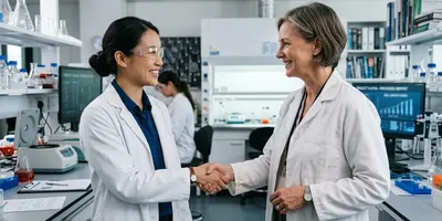 Two female scientists in white lab coats smiling and shaking hands in a modern laboratory.