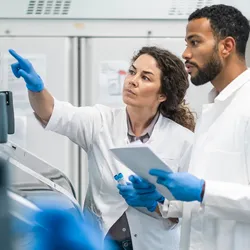 Researchers in lab explore scaling operations together.
