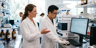 A laboratory manager coaches a technician next to an HPLC instrument using the "Ask, Don't Tell" management approach.