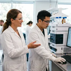 A laboratory manager coaches a technician next to an HPLC instrument using the "Ask, Don't Tell" management approach.