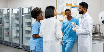 Group of four lab staff members openly talking with each other, representing a culture of psychological safety.