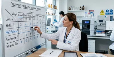 A lab manager uses a criteria-based decision matrix for equipment selection.