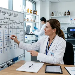 A lab manager uses a criteria-based decision matrix for equipment selection.
