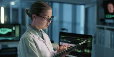 forensic scientist looking at tablet in the lab