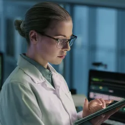 forensic scientist looking at tablet in the lab