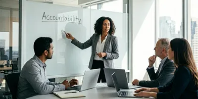 A manager presenting on accountability during a lab management meeting