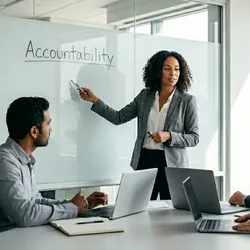 A manager presenting on accountability during a lab management meeting