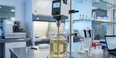 An overhead laboratory stirrer with a digital display showing 55 RPM, using an anchor impeller to gently mix a pale golden cell culture solution inside a glass beaker on a stainless steel workstation in a modern biopharmaceutical laboratory.