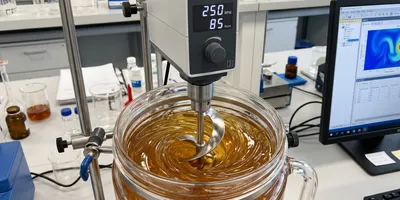 An overhead lab mixer using a helical ribbon impeller to achieve blend uniformity in a high-viscosity amber gel sample, illustrating efficient laminar flow.