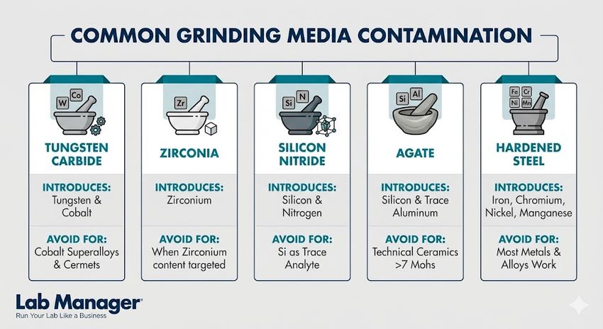 An educational infographic titled "Common Grinding Media Contamination".