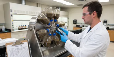 A lab technician uses a handheld digital device to measure a liquid sample on a large, rotating apparatus holding multiple glass bottles filled with brown, murky liquid.