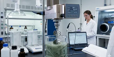 Overhead mechanical lab stirrer with helical ribbon impeller processing high-viscosity filled epoxy composite, displaying torque, speed, and viscosity data in a materials science research laboratory.