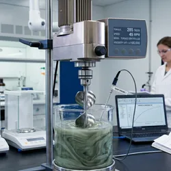 Overhead mechanical lab stirrer with helical ribbon impeller processing high-viscosity filled epoxy composite, displaying torque, speed, and viscosity data in a materials science research laboratory.