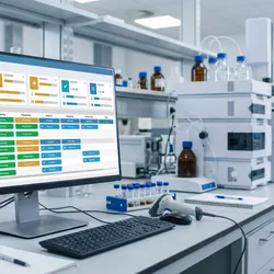 A photorealistic image of a modern laboratory information management workstation