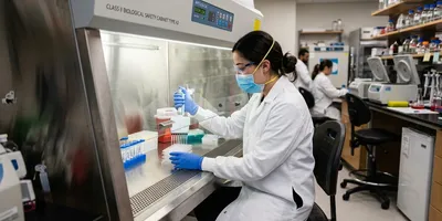 A female laboratory technician wearing a lab coat and mask uses a multichannel pipette inside a Class II Type A2 biological safety cabinet.