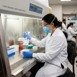A female laboratory technician wearing a lab coat and mask uses a multichannel pipette inside a Class II Type A2 biological safety cabinet.