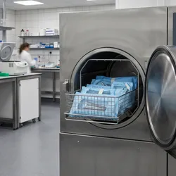 A photorealistic image of a modern laboratory autoclave: a large floor-standing stainless steel unit with the chamber door open and a wire basket of wrapped instrument packs visible inside.