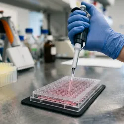A gloved hand uses a micropipette to dispense pink liquid into a 96-well microplate on a laboratory bench.