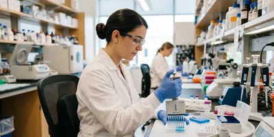 A female scientist in a lab coat, gloves, and safety glasses uses a multichannel pipette on a microplate, demonstrating ergonomic pipetting technique.