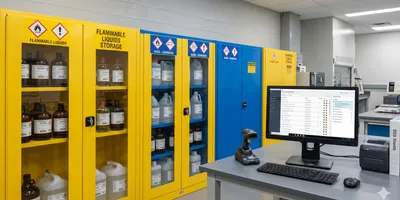 A photorealistic image of a laboratory chemical storage area with clearly labeled containers of various hazard classes arranged in segregated storage cabinets, a barcode scanner on a bench surface nearby, and a computer monitor displaying a chemical inventory management interface.