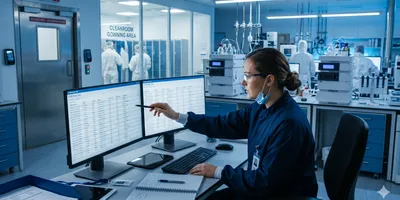 Photorealistic lab environment: a quality assurance scientist at a large dual-monitor workstation reviewing a detailed LIMS audit trail interface, rows of timestamped log entries visible on screen.