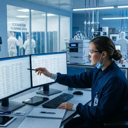 Photorealistic lab environment: a quality assurance scientist at a large dual-monitor workstation reviewing a detailed LIMS audit trail interface, rows of timestamped log entries visible on screen.