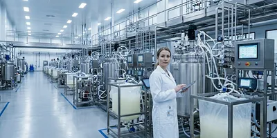 Image ALT Text	A lab manager in a white lab coat reviews documentation on a tablet inside a GMP bioprocessing facility, with rows of bioreactor systems and process equipment visible in the background.