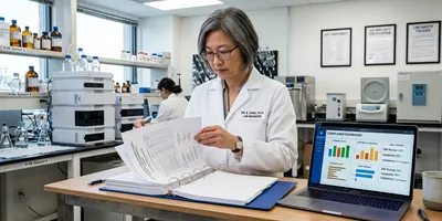 A lab manager reviews GMP qualification documentation at a desk with a compliance dashboard open on a laptop in a pharmaceutical production facility.