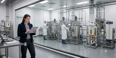 A photorealistic wide-angle view of a modern bioprocessing facility operations area: a lab manager in business casual attire reviewing a tablet displaying production data.