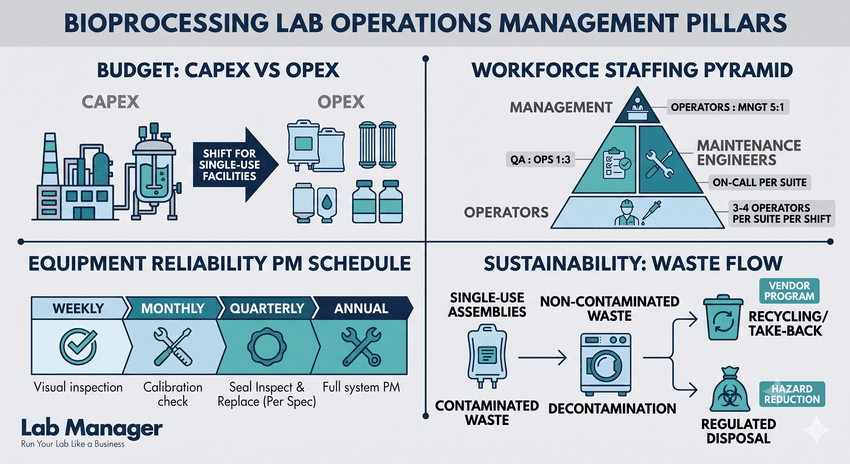 A professional, four-quadrant infographic titled "Bioprocessing Lab Operations Management Pillars" by Lab Manager.