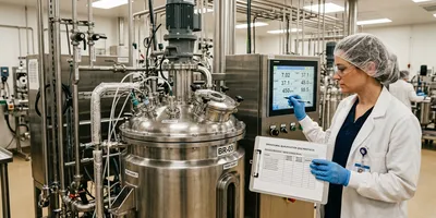 A bioprocess engineer verifies controller readings against a qualification protocol during operational qualification of a bioreactor in a GMP manufacturing facility.