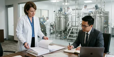 A lab manager and quality professional review GMP compliance documentation in preparation for a regulatory inspection at a bioprocessing facility.